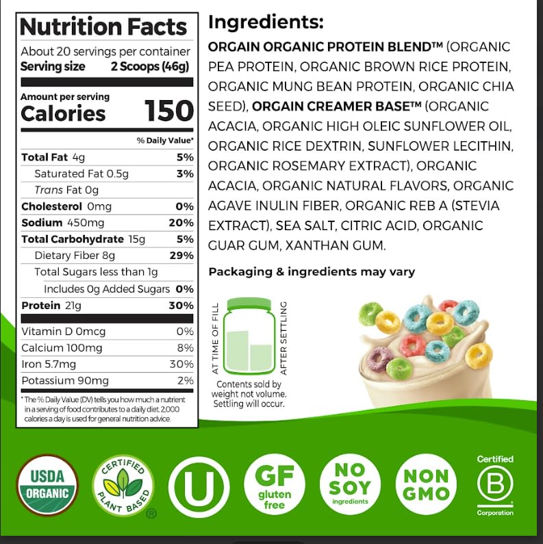 Orgain Organic Vegan Protein Powder, Fruity Cereal - 21g Plant Based Protein, Gluten Free, Dairy Free, Lactose Free, Soy Free, No Sugar Added, Kosher, For Smoothies & Shakes - 2.03 lb