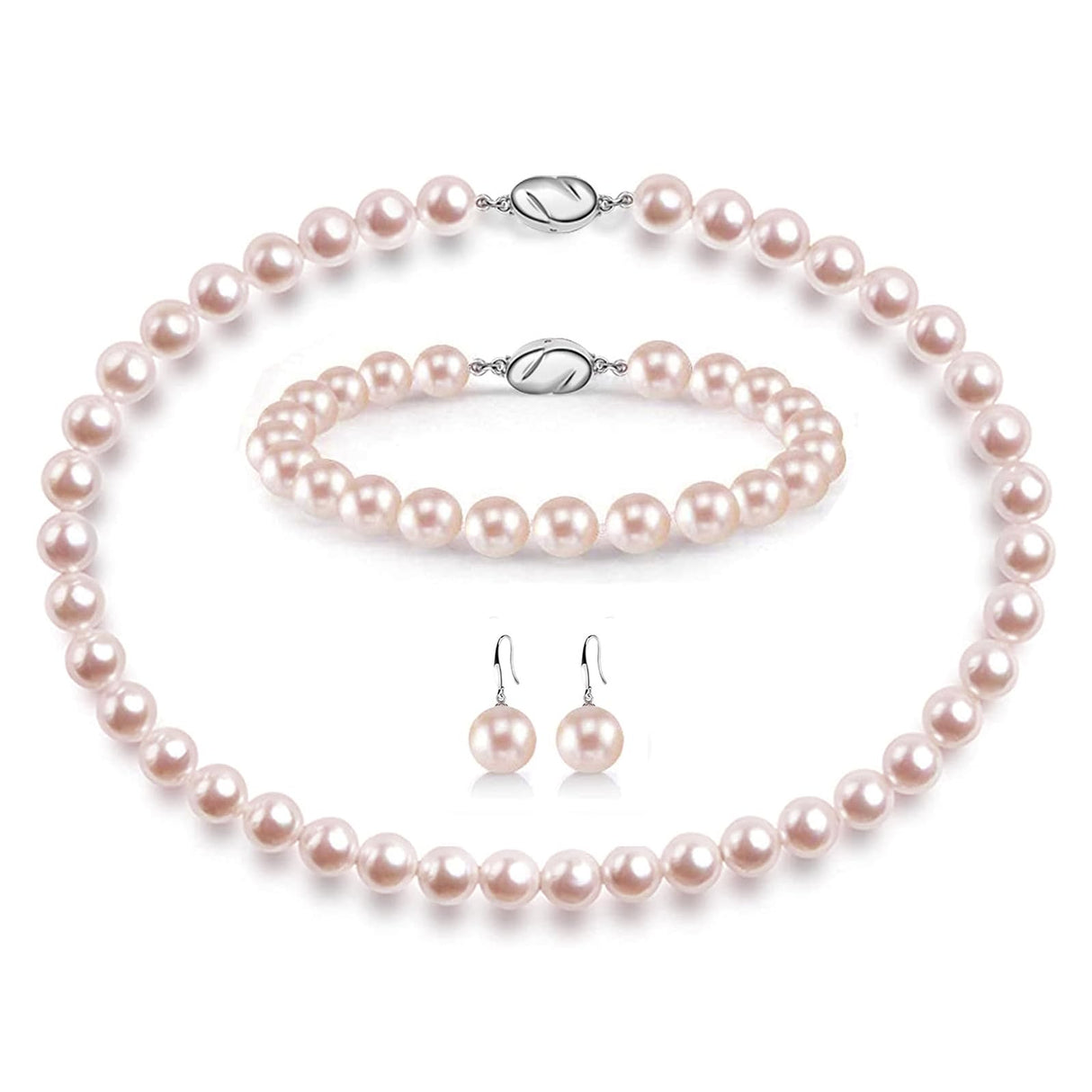 AOOVOO Pink Pearl Necklace Set for Women, 8mm Round Shell Pearl Includes Stunning Bracelet and Dangle Earrings 3 Piece Jewelry, Birthday Wedding Gifts for Her