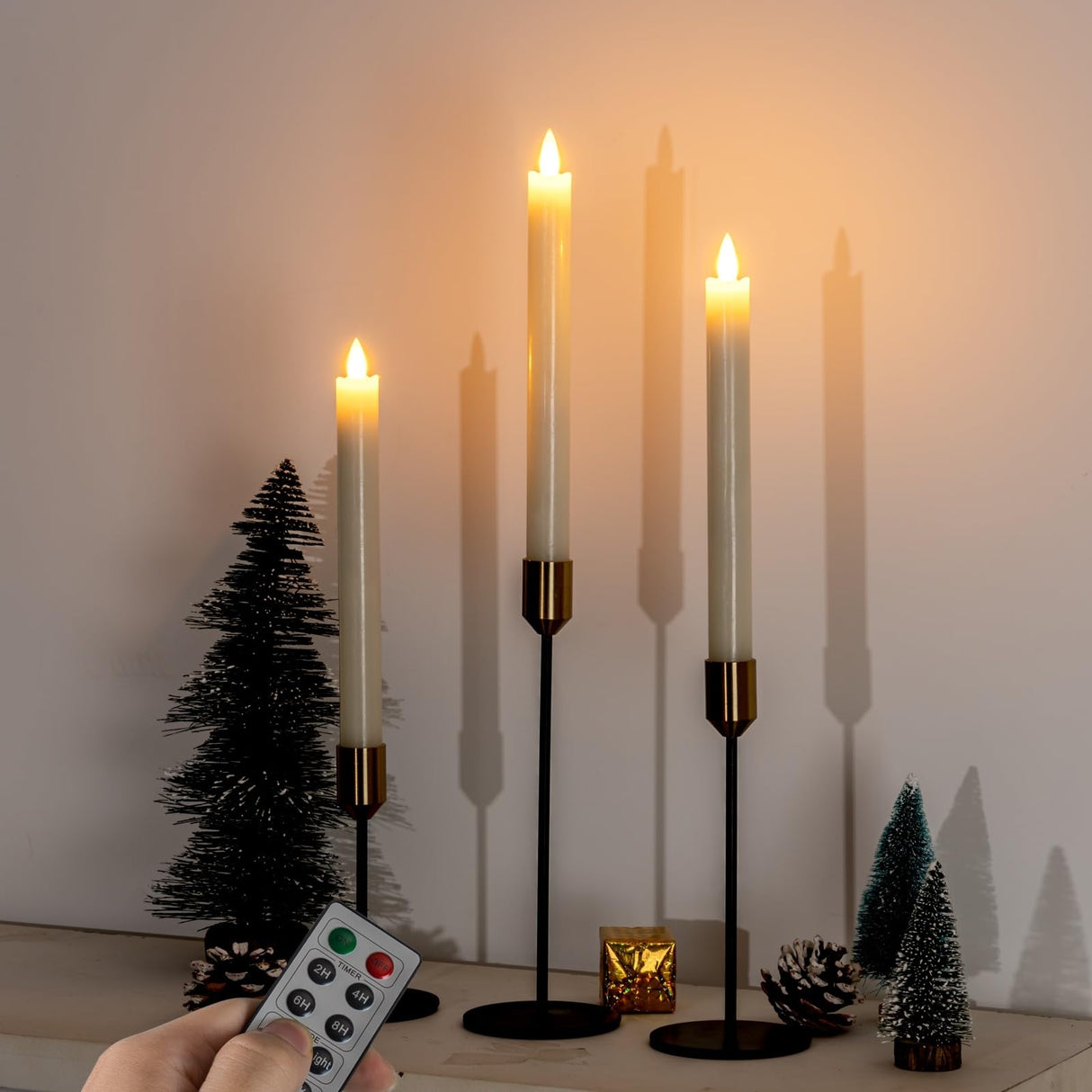Homemory Waxy Flameless Taper Candles with Remote Timer Dimmer, LED Candlesticks Flickering, Battery Operated Window Candles, 9.6 Inches for Christmas Wedding Celebration Decor, Ivory, 6 Pcs