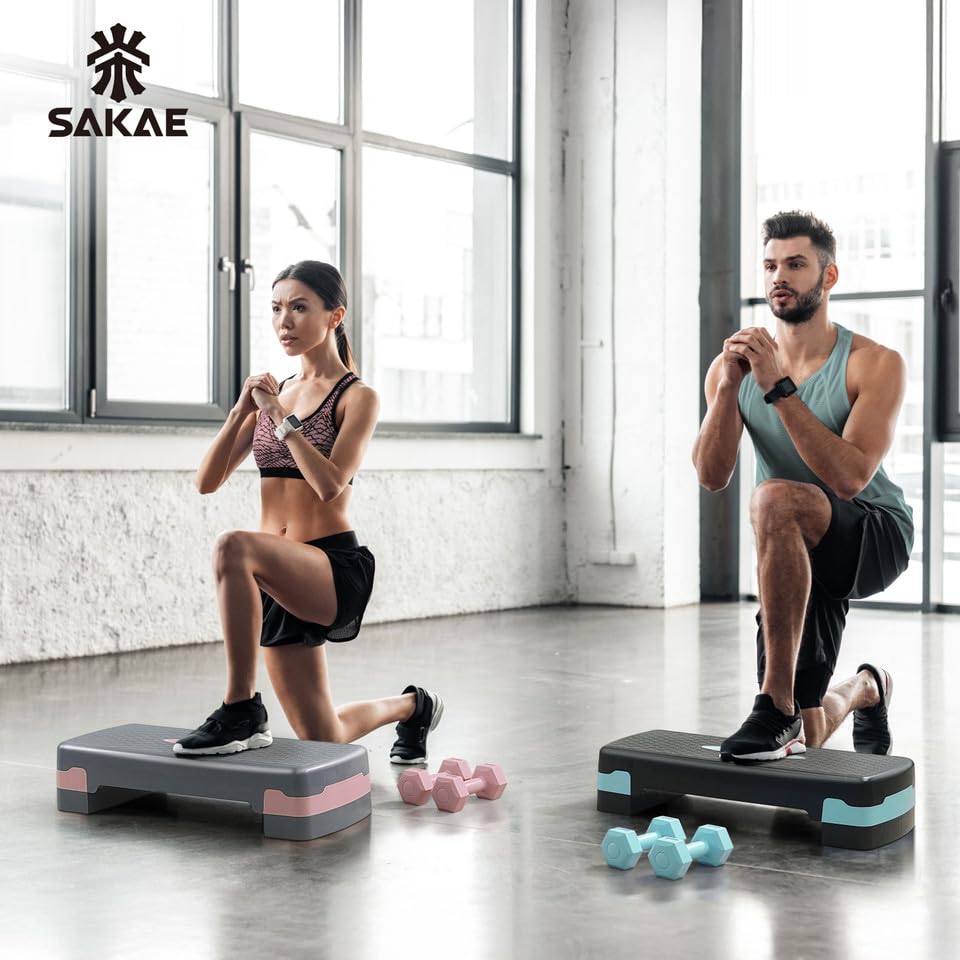 Aerobic Stepper Set with Dumbbells & Measuring Tape, Adjustable Height 2 Level Risers Workout Exercise Step Platform, Pink Grey, the Ultimate Gift for a Joyful Holiday and Merry Christmas