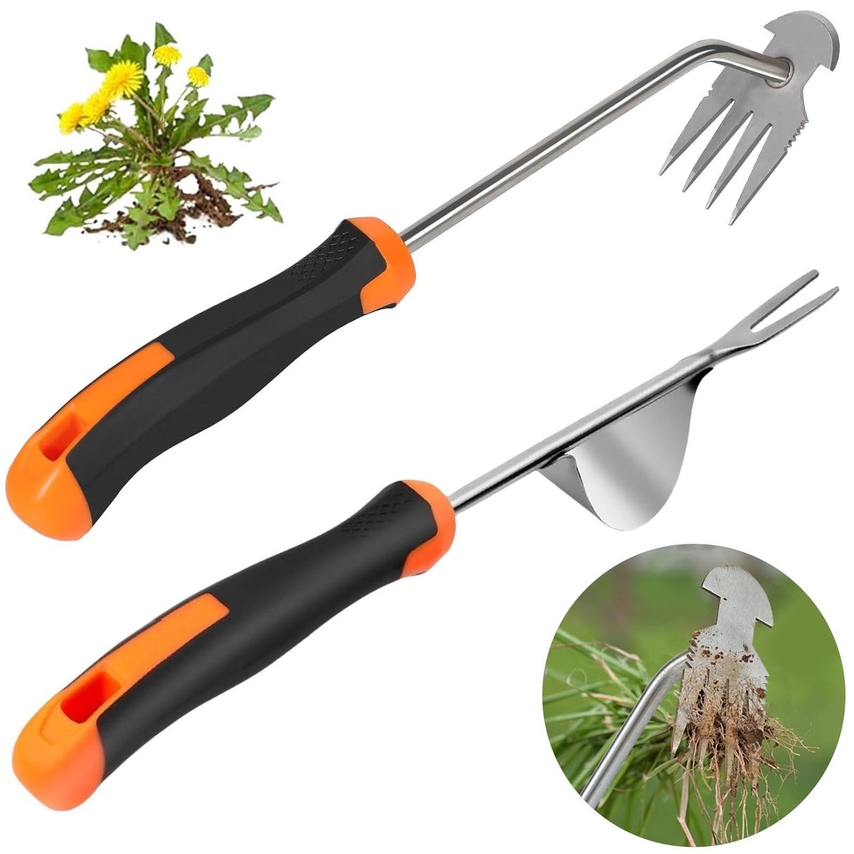 ANGKMA Weed Puller Tool, New Garden Weeder Tool Stainless Steel Hand Weeder Tool,4 Teethes Dual Purpose Weed Remover Tool Weeding Tools for Gardening(2PCS)