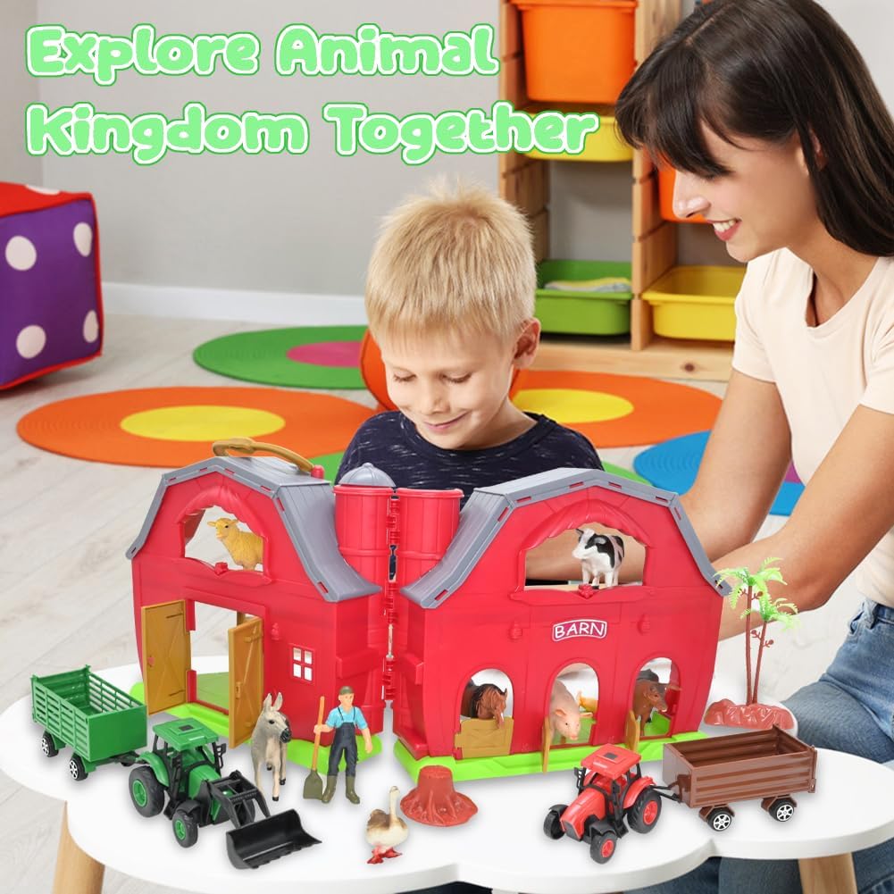 BOLZRA Farm Animals Big Red Barn Toy for 1 2 3 4 5 Years Old Toddlers, Kids Farm Figures Fence Playset with Tractor, Preschool Montessori Learning Toys, Christmas Birthday Easter Gift for Boys Girls