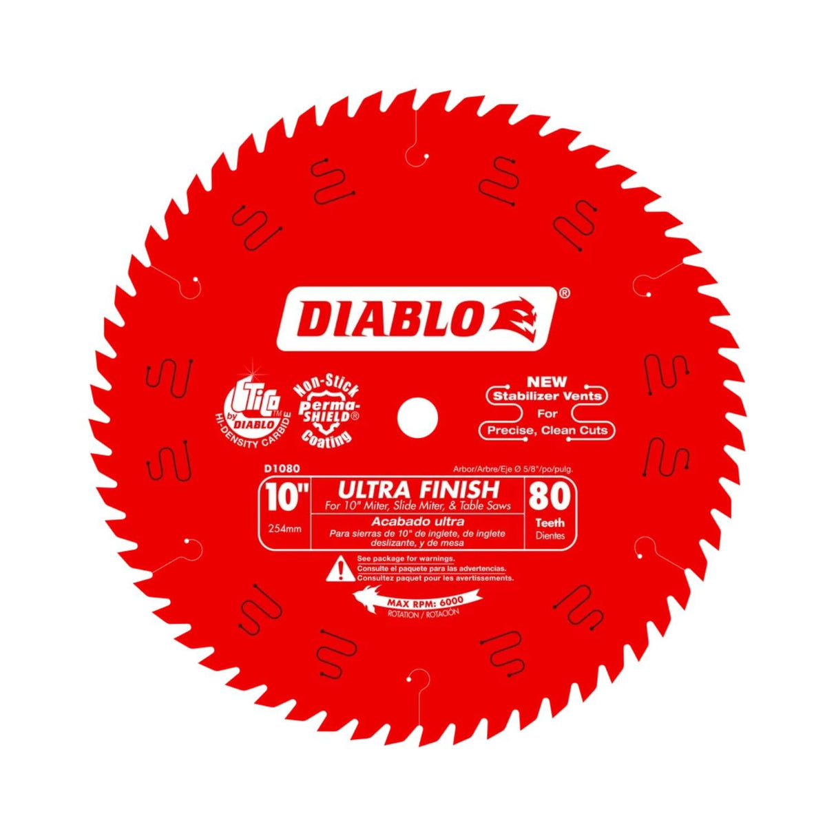 Diablo Ultra Finish Saw Blade for Wood - 10" Diameter, 80 Hi-ATB Teeth, 5/8" Arbor, .098" Kerf, 15° Hook Angle, .071" Plate, 6000 Max RPM - D1080X