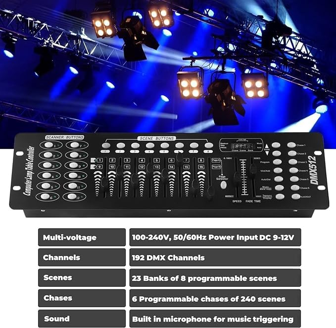 192 DMX Controller Use for Editing Program of Stage Lighting,DMX 512 DJ Controller Stage Light Controller Panel DMX Console for Party Music Show Christmas and Halloween