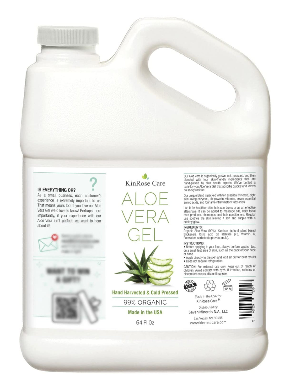KinRose Care Organic Aloe Vera Gel Bulk - Half Gallon - for Face, Skin, Hair & Sunburn Relief From 100 Percent Pure Aloe Vera - Cold Pressed, Vegan, Unscented - Made in USA (64 Fl Oz)