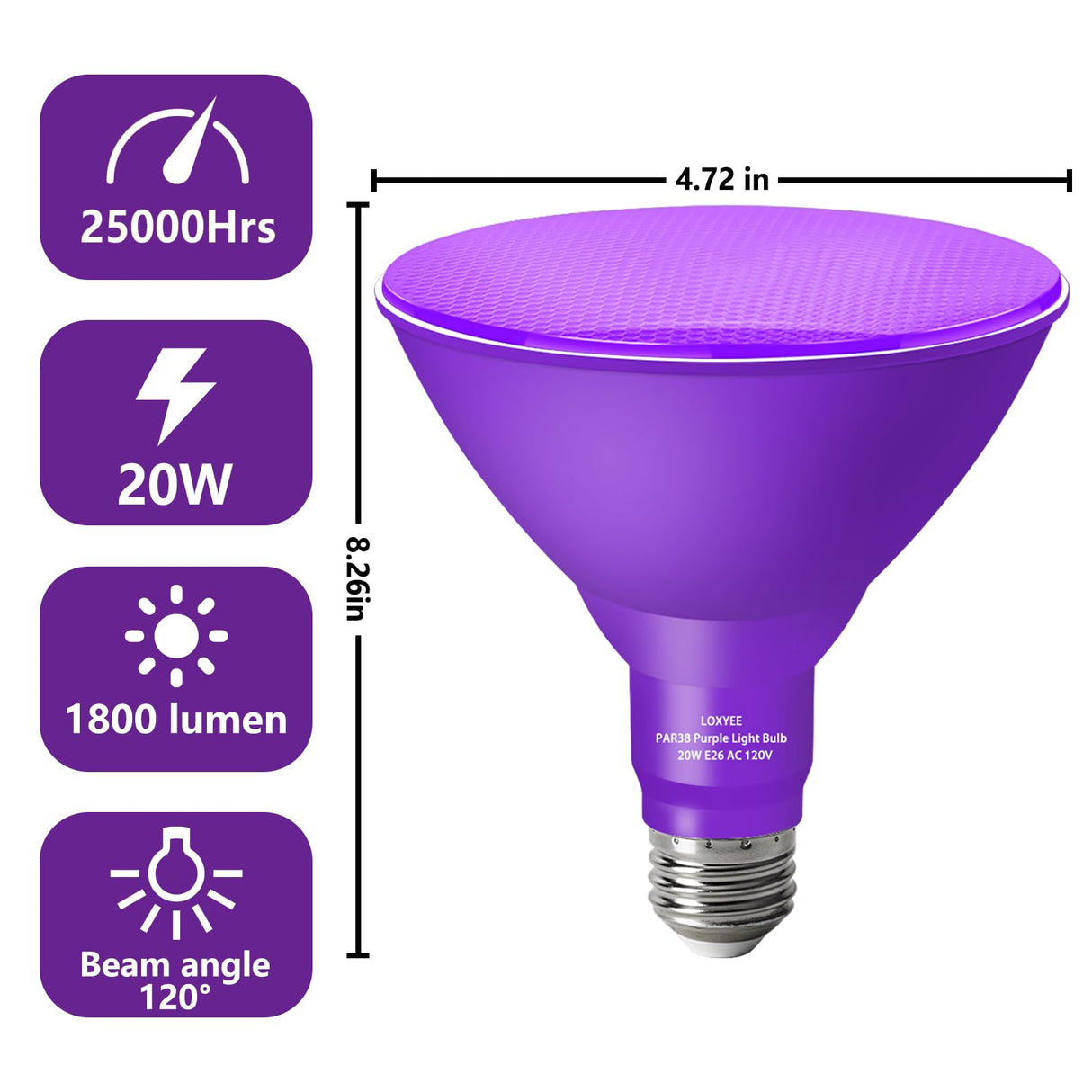 LOXYEE PAR38 Flood Purple Light Bulbs,4 Pack Dimmable,E26 Base Purple Flood Light Outoor(20W Replace to 200W),Halloween Light Bulb for Outside,Christmas,Holiday Lighting