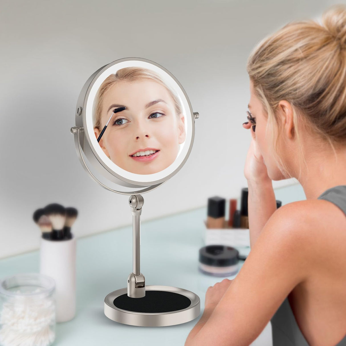 9" Large Lighted Makeup Mirror with 1X/10X Magnification, 4000mAh Rechargeable Vanity Mirror with Height Adjustable & 3 Color Dimmable Lights, 360°Swivel Double Sided Tabletop Cosmetic Mirror