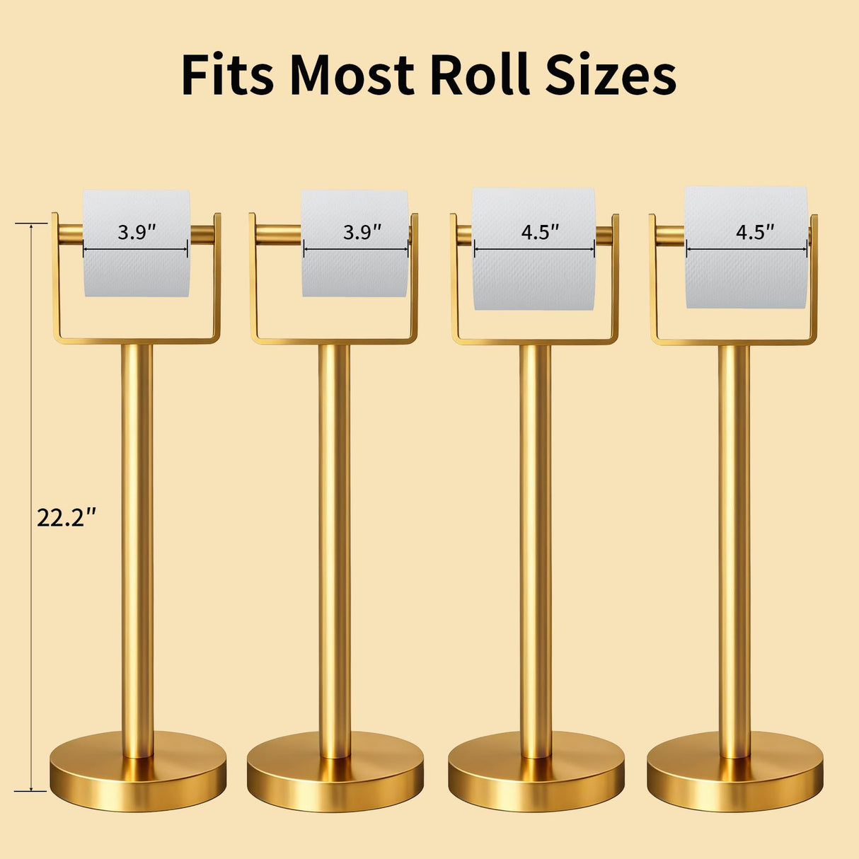 YUMORE Toilet Paper Holder Free Standing, Stainless Steel Toilet Paper Stand, Weighted Base Floor Tissue Roll Holder for Bathroom,Gold 200UP