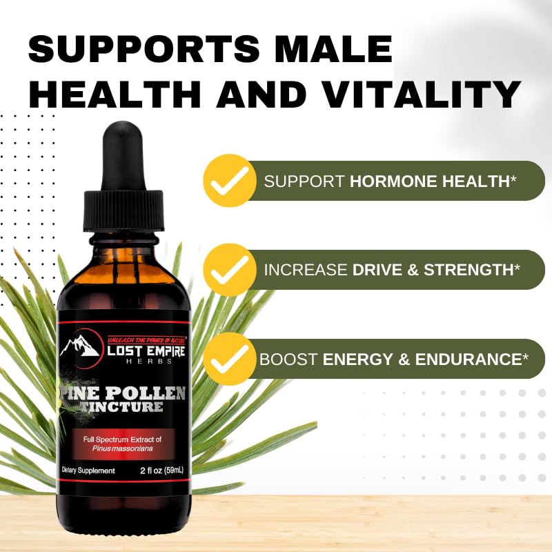 Lost Empire Herbs Pine Pollen Tincture Pine Pollen Liquid Extract for Testosterone - Alcohol Tincture is Superior for Better Absorption, 3rd Party Lab Tested (2 Ounce)