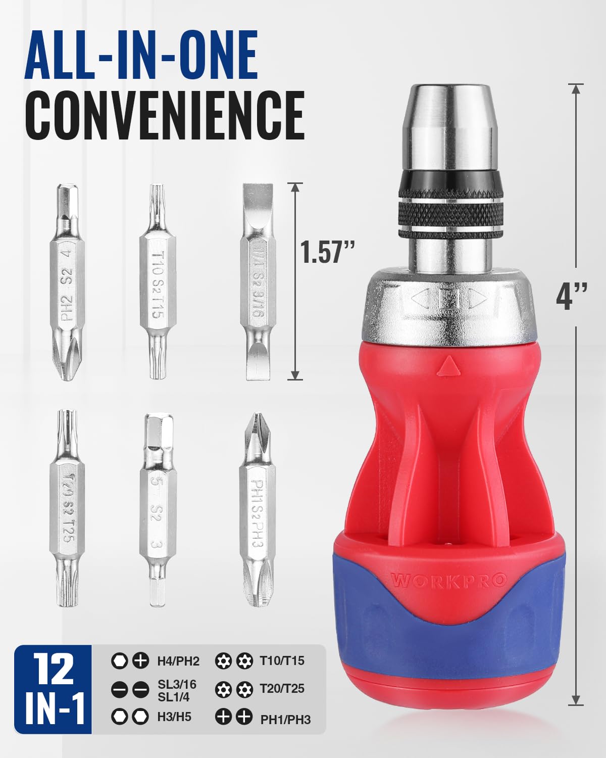 WORKPRO 12-in-1 Stubby Ratcheting Multi-bit Screwdriver, Short Screw Drivers with Magnetic, Quick-load Mechanism, Premium S2 Steel, Small Screwdriver with Double End Bits in Handle