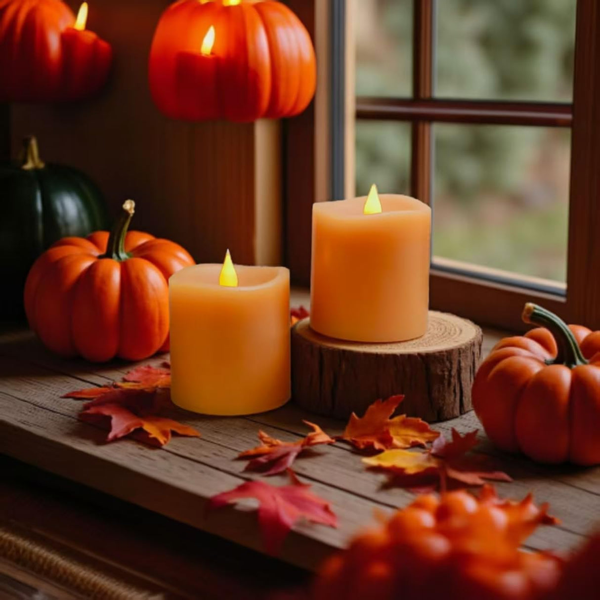 Fall Flameless LED Candles 3 inch Diameter Real Wax 2AA Battery Operated 600hr+ Flickering Candles with Timer Remote Control for Halloween Thanksgiving Christmas Indoor (Orange, 3″×3″- 2 PCS)