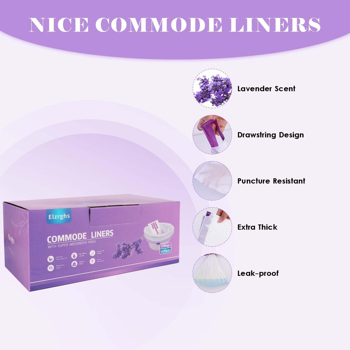 Elzrghs Commode Liners with Absorbent Pads for Bedside Commode, Commode Toilet,50 La-Vender Scented Bedside Commode Liners and 50 Commode Pads, White