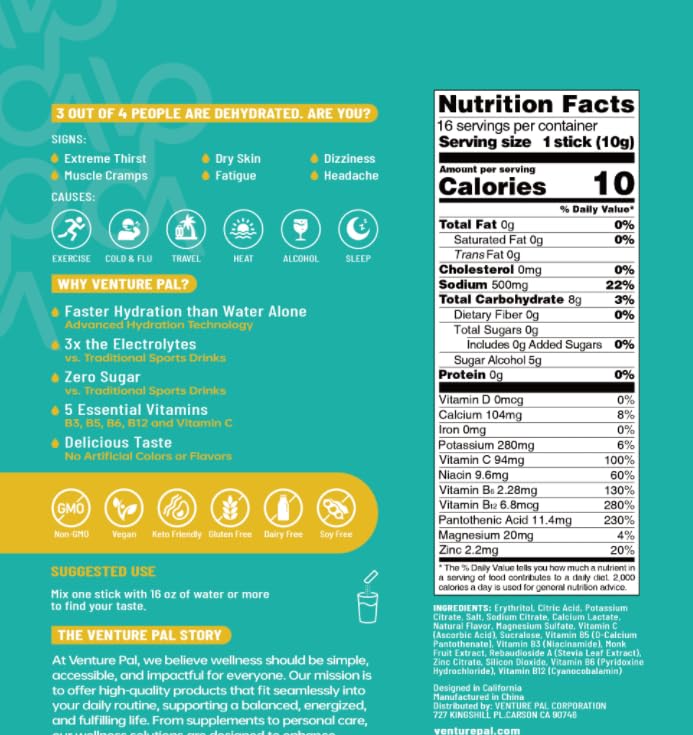 Venture Pal Sugar Free Electrolyte Powder Packets - Liquid Daily IV Drink Mix for Rapid Hydration & Party Recovery | 5 Vitamins & 7 Electrolytes| Keto Friendly | Non-GMO | Certified Vegan | 16 Sticks