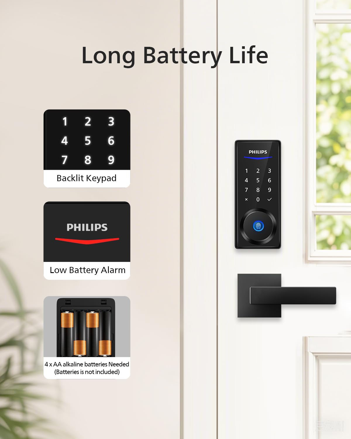 Philips Smart Lock with Handles, Keyless Entry Front Door Lock Set, Smart Keypad Deadbolt with Handle, Digital Door Lock for Front Door, App Fingerprint PIN Code Unlocking, Auto Locking