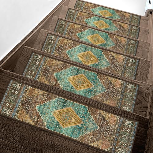 Carpet Stair Treads Non Slip 15PCS, 8" X 30" Edging Stair Runner for Wooden Steps Indoor, Resistant Stair Rug with Reusable TPE Adhesive Backing, Residue Free Mat for Elders, Pets, Amber&Cyan
