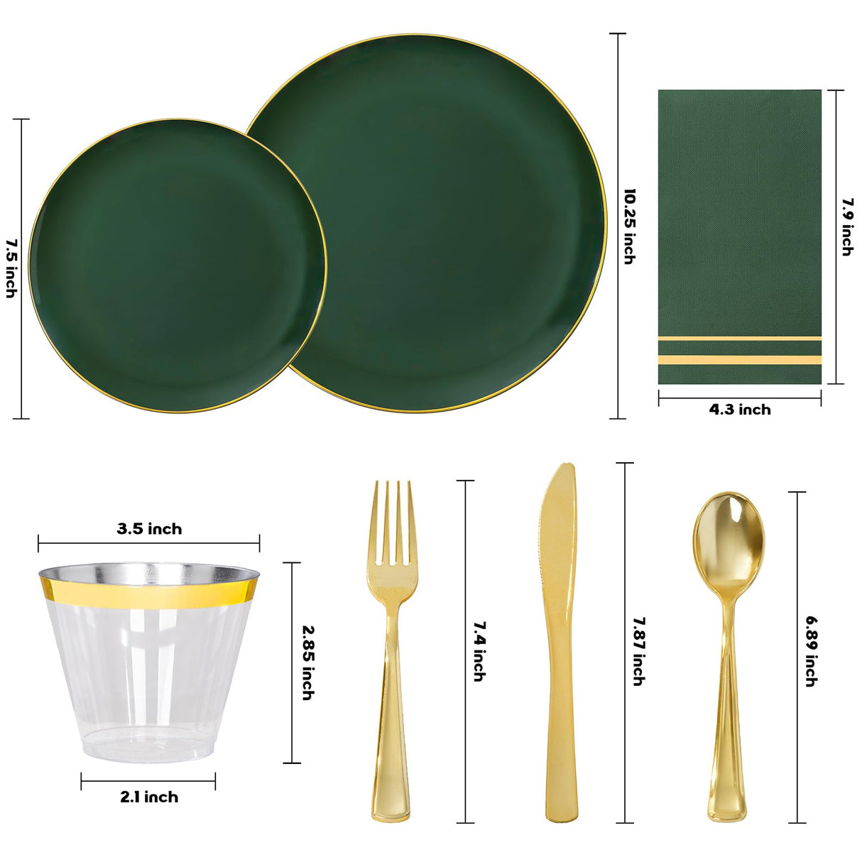NOCCUR 350PCS Green Plastic Plates - Disposable Green Gold Dinnerware Set for 50 Guests, 100 Dinner/Dessert Plates, 150 Gold Silverware, 50 Cups&50 Napkins for Party/Wedding/Birthday/Christmas