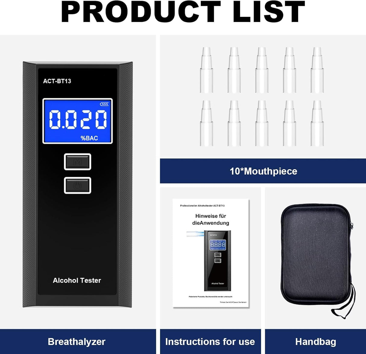 Breathalyzer, Professional-Grade Alcohol Tester with Blue Digital LCD Display and 10 Mouthpieces, High-Accurate Alcohol Testerr for Home or Party Use
