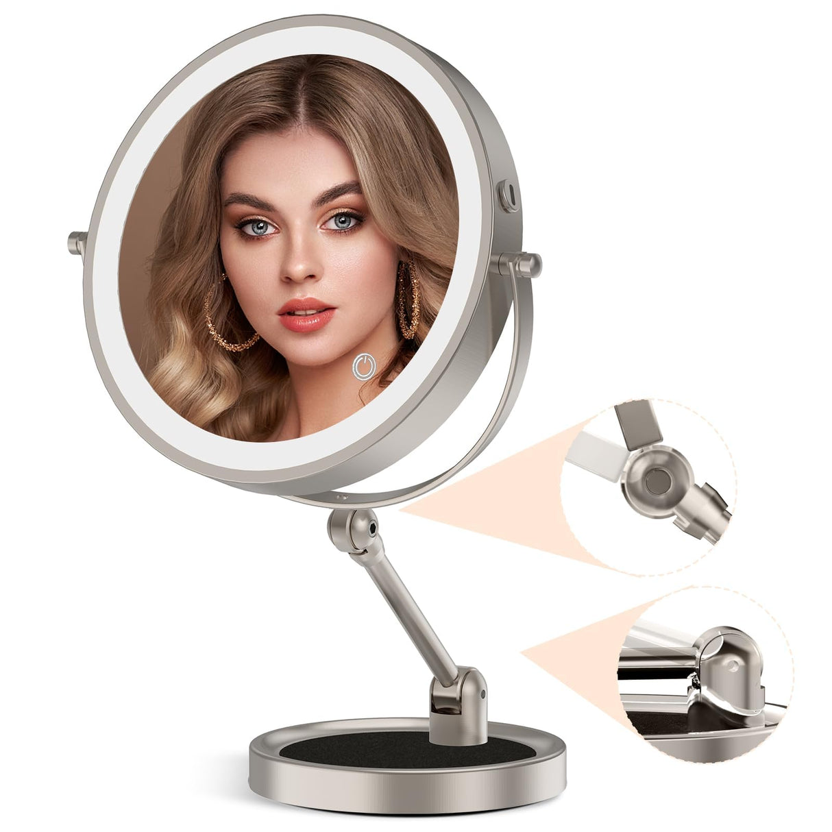 9" Large Lighted Makeup Mirror with 1X/10X Magnification, 4000mAh Rechargeable Vanity Mirror with Height Adjustable & 3 Color Dimmable Lights, 360°Swivel Double Sided Tabletop Cosmetic Mirror
