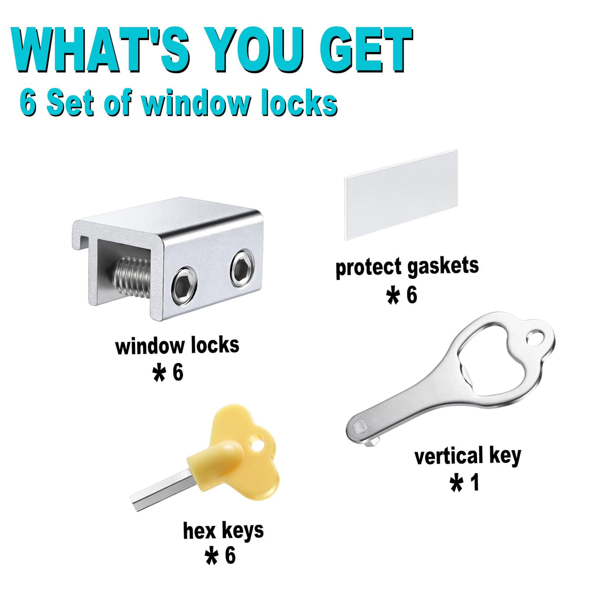 Sliding Window Locks (6 Sets), Security Window Locks with Keys, Adjustable Aluminum Sliding Window Stops, Easy Installation Without Drilling, for Vertical and Horizontal Sliding Windows (Silver)