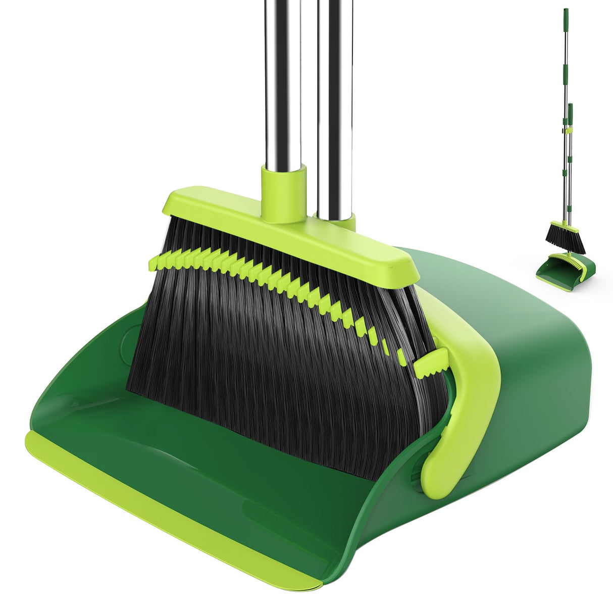 Broom and Dustpan Set, 52-in Long Adjustable Handle Broom Dustpan Combo with Dust pan Teeth to Automatically Clean Hair Suitable for Home Kitchen Office Hall Floor(Green)