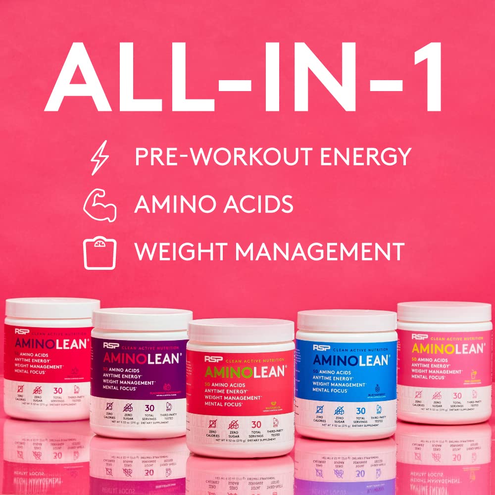RSP NUTRITION AminoLean Pre Workout Powder, Amino Energy & Weight Management with Vegan BCAA Amino Acids, Natural Caffeine, Preworkout Boost for Men & Women, 30 Serv