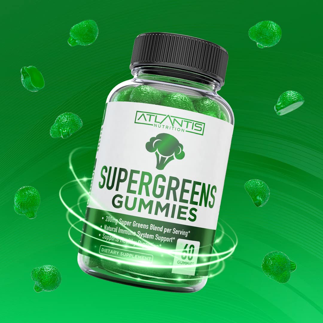 Atlantis Nutrition Supergreens Gummies - Daily Green Superfoods Supplement with Spinach, Broccoli, Moringa, Beet Root, Celery, Green Tea, & Acai for Immunity Support - Natural Raspberry Flavor, 60 cnt