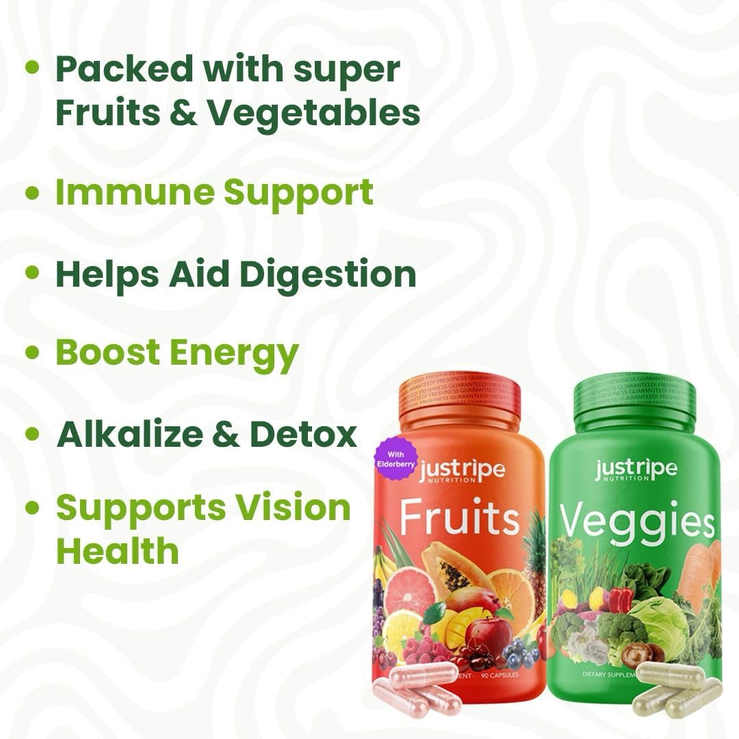 Just Ripe Nutrition Fruits and Veggies Supplement - 90 Fruit and 90 Vegetable Capsules - 100% Whole Natural Superfood - Filled with Vitamins and Minerals - Supports Energy Levels (2 Pack)