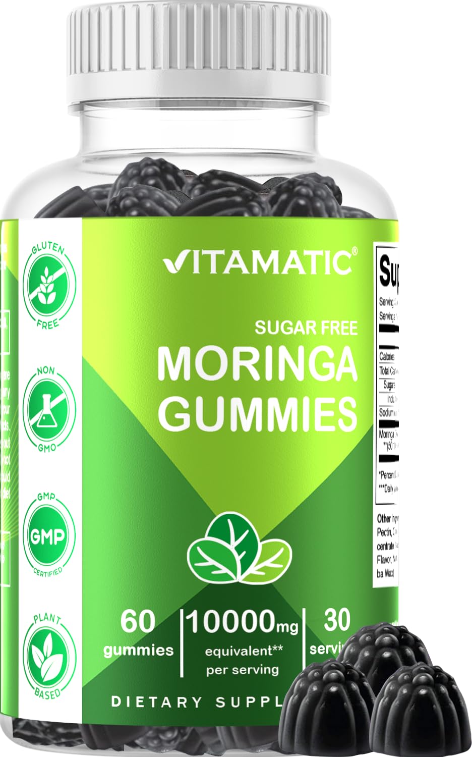 Vitamatic 2 Packs Sugar Free Moringa Gummies- 10000 mg Equivalent Per Serving (from 50:1 Extract 200 mg)- Complete Green Superfood 20X Extract - 60 Pectin Based Gummies