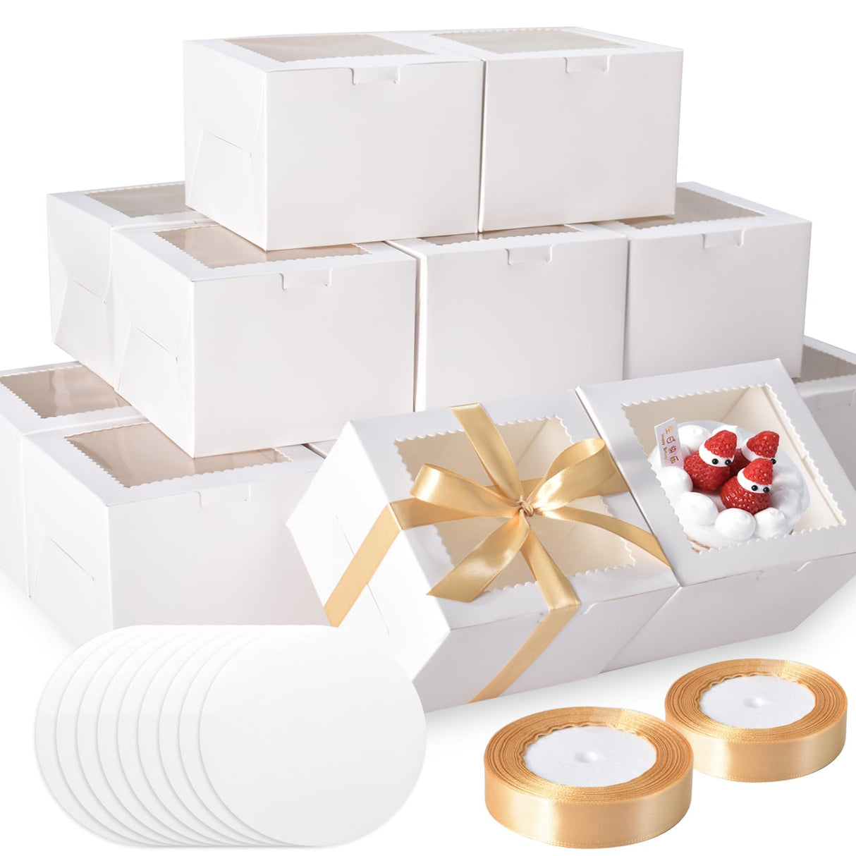 KPOSIYA 40pcs 8x8x5 inches Cake Boxes with Cake Boards(20 Boxes & 20 Boards), White 8 inch Cake Boxes with Window,Cajas Pasteles Square Cardboard Cake Containers for Christmas Thanksgiving