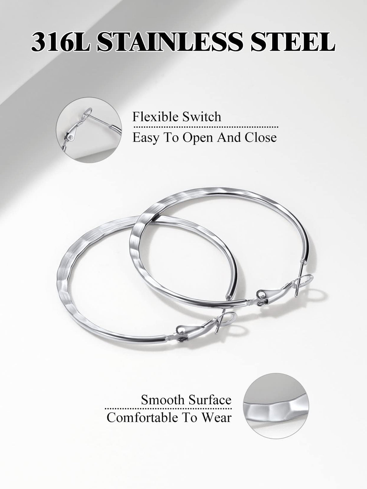 Richsteel Silver 40MM Hammerd Hoop Earrings for Women