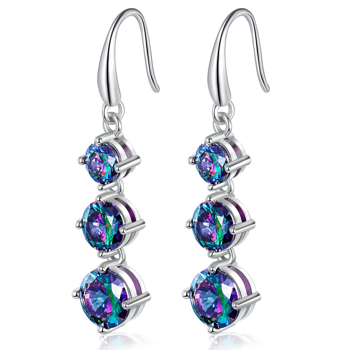 Dangle Earrings for Women,5/6/7mm Round Rainbow CZ,18K White Gold Plated