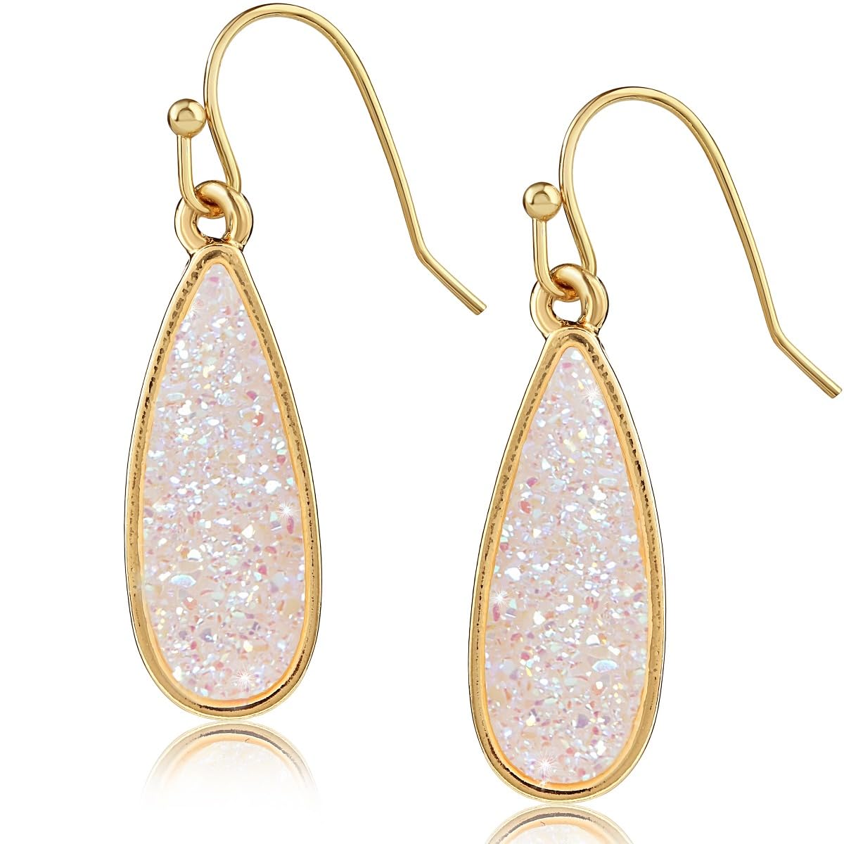 Faux Opal Druzy Drop Dangles, Gold Tone Sparkly Teardrop Earrings for Women