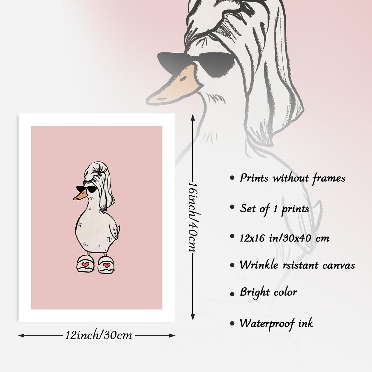 Dazzlewall Funny Duck Wall Art, Pink Cool Sunglass Goose Wall Artwork Print Minimalist Animal Bathrobe Painting for Bathroom Bathtub Toilet Decor, 12x16 in Unframed