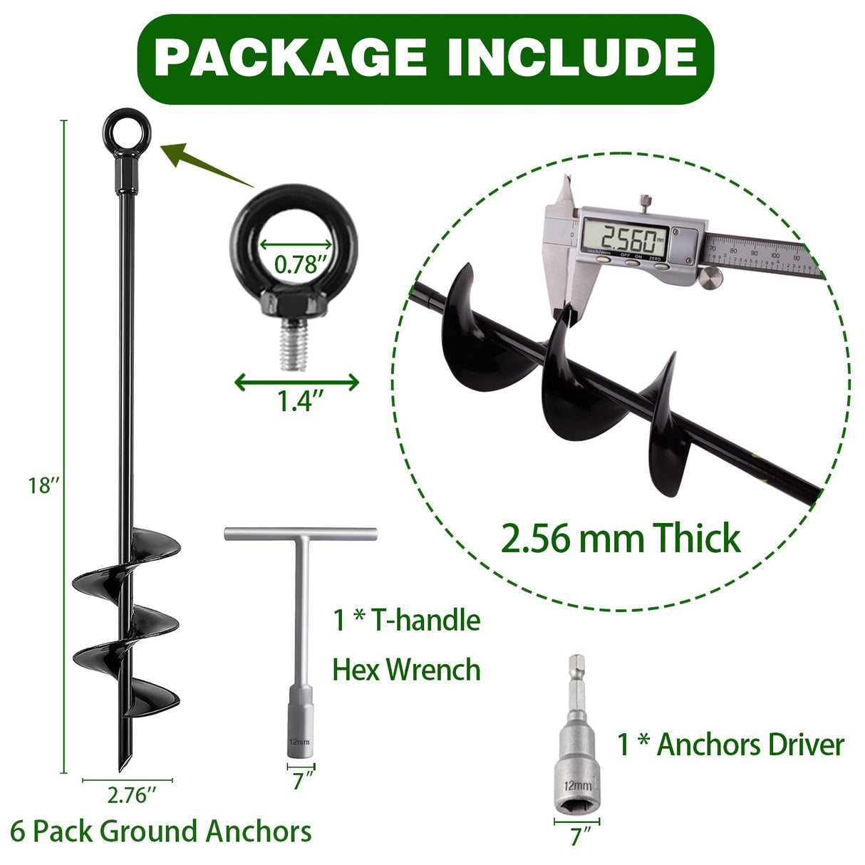 Fabulas Ground Anchors Screw in, 18 Inch Heavy Duty Swing Set Ground Anchor Kit 6 Pack, Spiral Earth Trampoline Stakes High Wind Metal Auger Stakes for Dog Sheds Tent Carports Camping