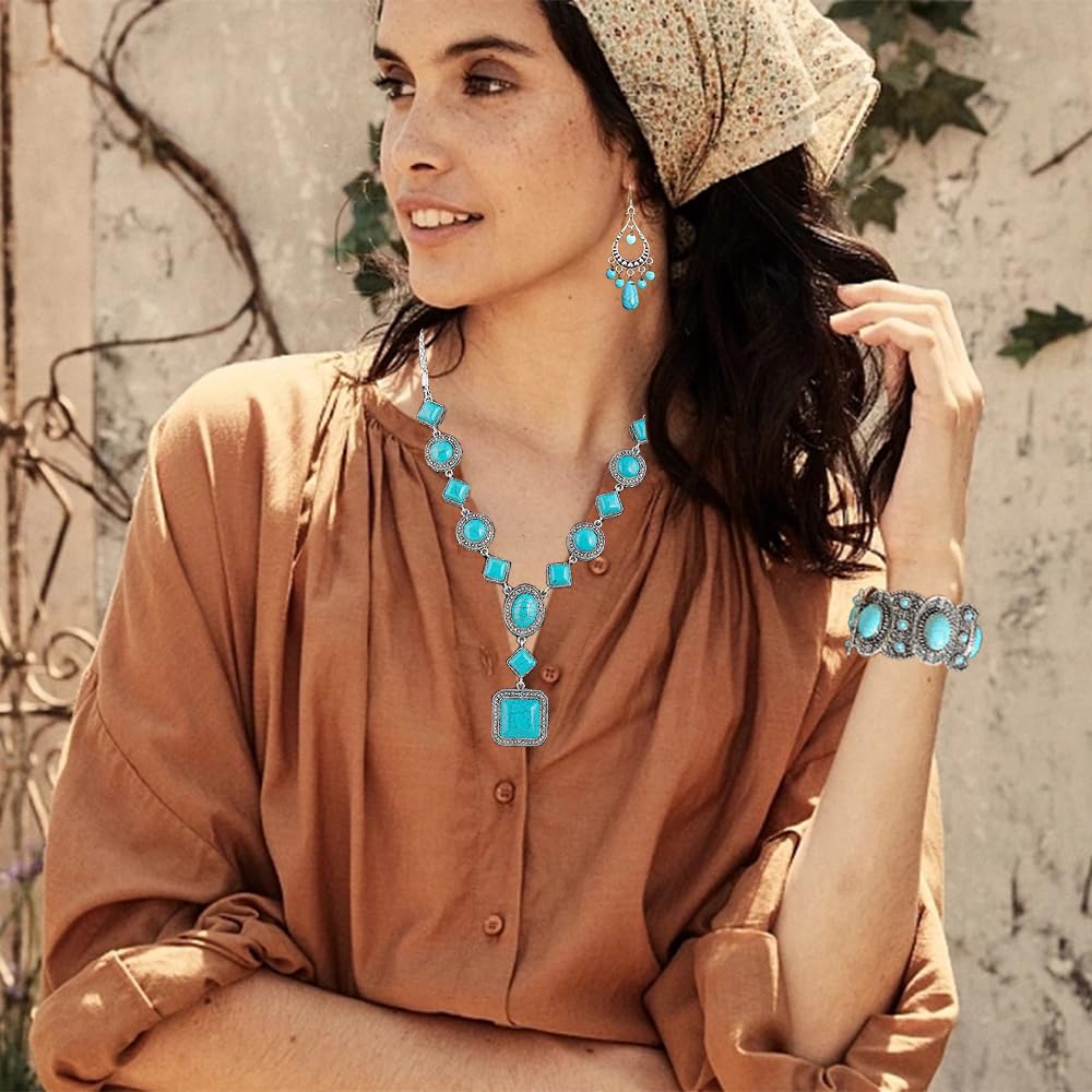 Bluegoog 3 Pieces Bohemian Turquoise Necklace for Women Western Jewelry Boho Necklace Set Vintage Pendant Long Choker Alloy Turquoise Dangle Earrings Layered Bracelets