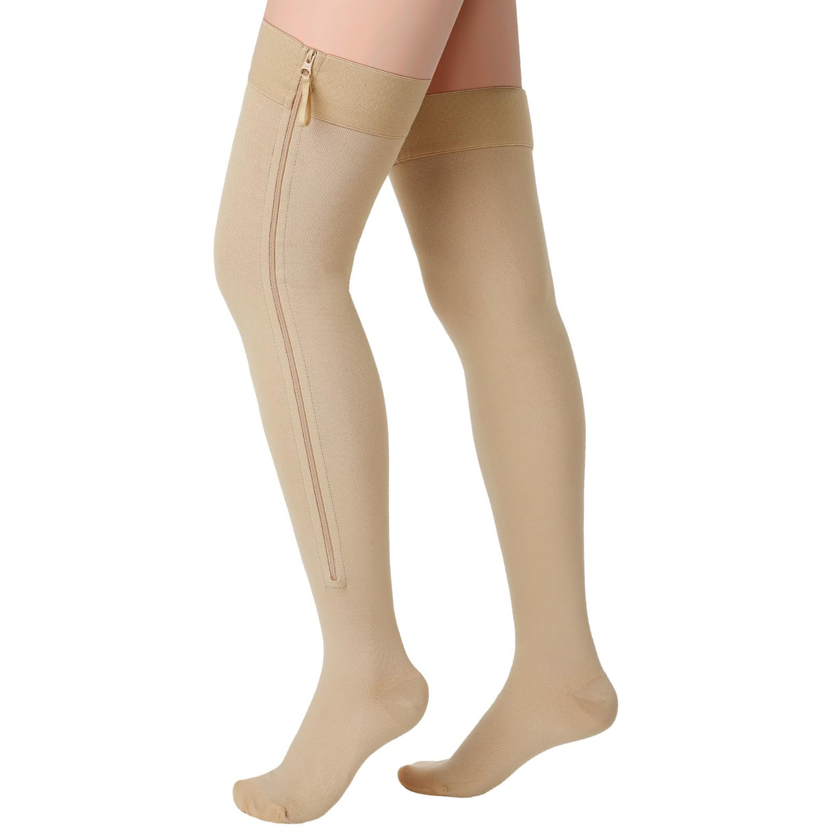 Sosation Thigh High Zipper Compression Socks 20-30 mmHg Zipper Compression Stockings Thigh High for Women Men Swelling Edema (Beige,X-Large)
