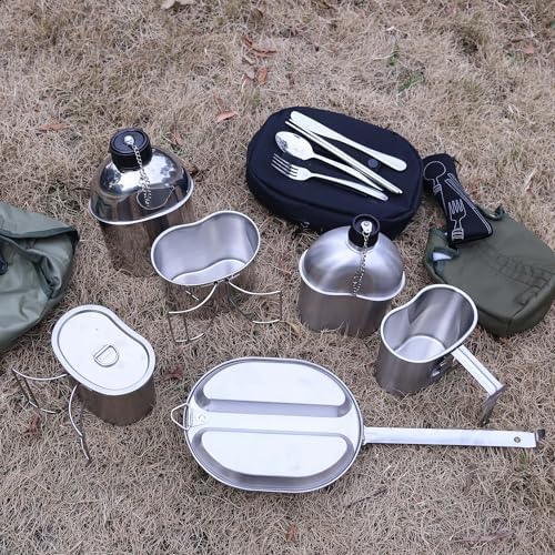 Goetland Stainless Steel WWII US Army Canteen Water Bottle Military Canteen Kit 1QT with 0.5QT Cup Nylon Pouch G.I.