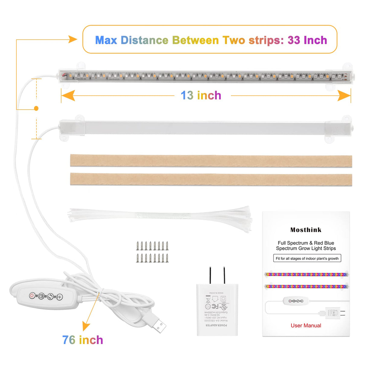 Mosthink Grow Lights for Indoor Plants Full Spectrum, Grow Light Strips with Auto Timer 3/6/12 H, Plant Lights with Red Blue White LEDs, 3 Lighting Modes,5 Dimmable Levels, 2 Packs,Updated Controller