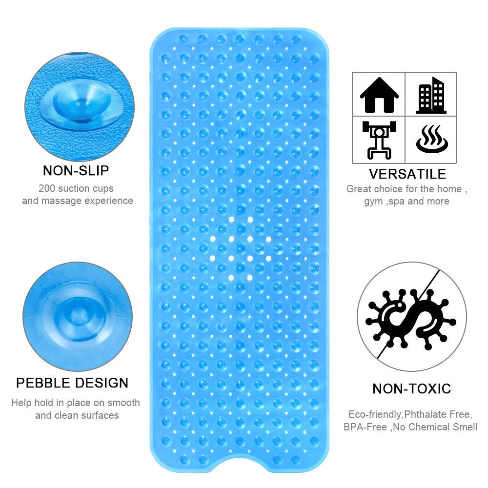 YINENN Bath and Shower Safety Mats 40x16 inch, Non Slip with Suction Cups for Bathroom Stall and Tub Floor, Extra Large and Machine Washable, Drain Holes Keep Bathtub Clean, Blue