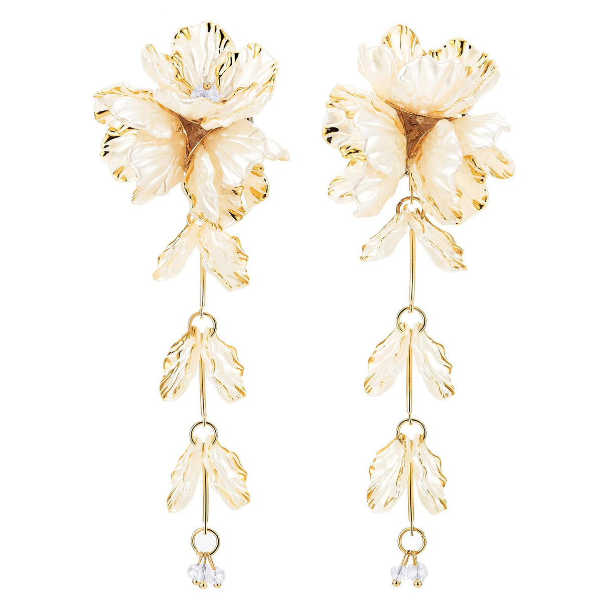 Women's Cream Floral Dangle Earrings, Large Pearlescent Flower Statement, Botanical Leaf Tassel Jewelry, Romantic Bohemian Accessory, Gift for Her