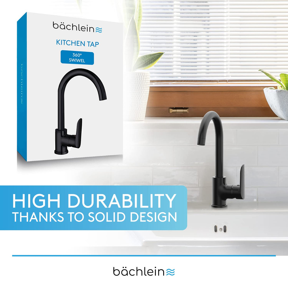 Bächlein Kitchen Faucet Matt Black - Sink Tap with 360° Swivel Spout, Modern Water Tap