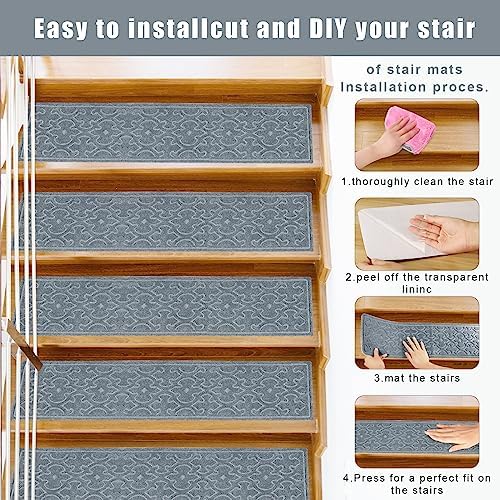 15Pcs Stair Treads for Wooden Steps Indoor with Self Adhesive, 8"x30" Non Slip Stair Runners-Peel & Stick Indoor Stair Carpet Runner, Resistant Indoor Runner for Kids、Elders and Pets, Light Gray
