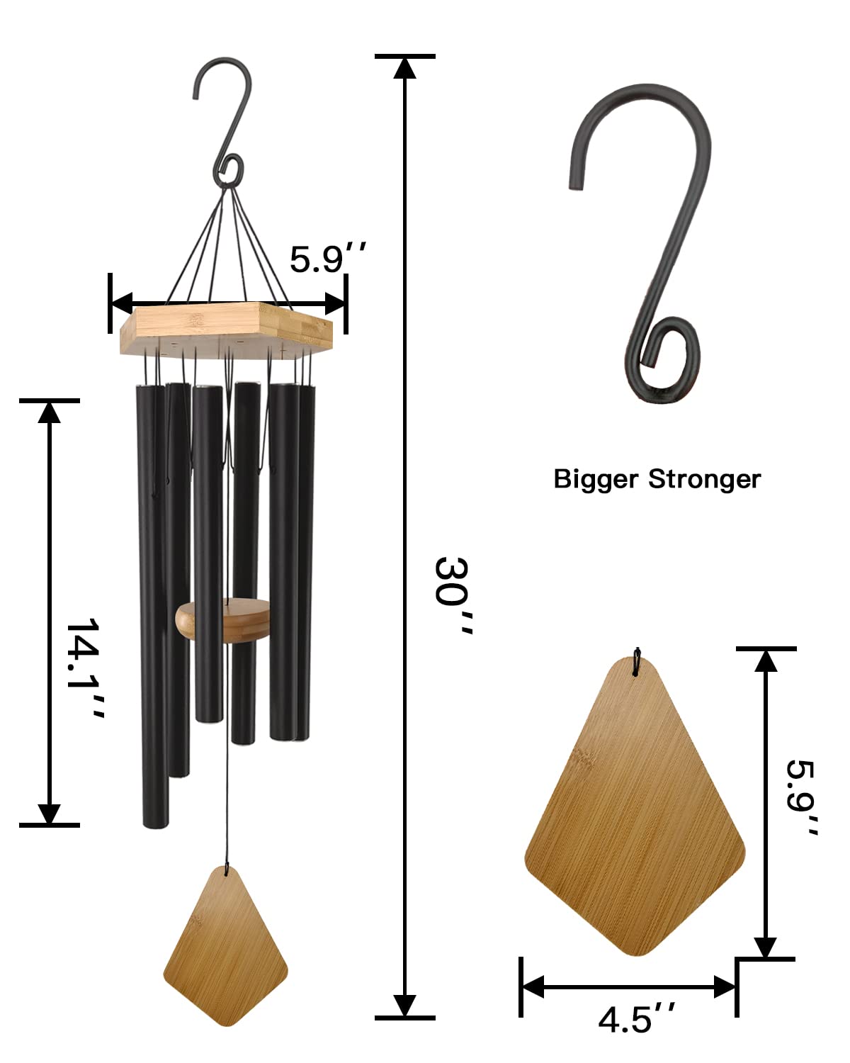 Wind Chimes Outdoor Deep Tone, 30 Inches Wind Chimes Outdoor, Memorial Wind Chimes with Hook as Gifts for Mother's Day/Housewarming/Christmas, Patio, Garden, Yard, Home Décor. Black