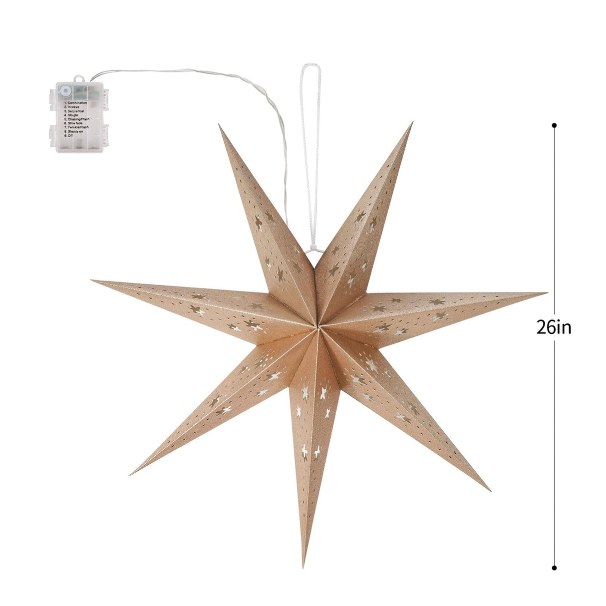 2 Pack 26.8 Inch Paper Star Lantern Christmas Decor, 8 Modes 7-Pointed Star Diwali Hanging Lights, Christmas Decorations Lamp Indoor for Birthday Wedding Party (Champagne)