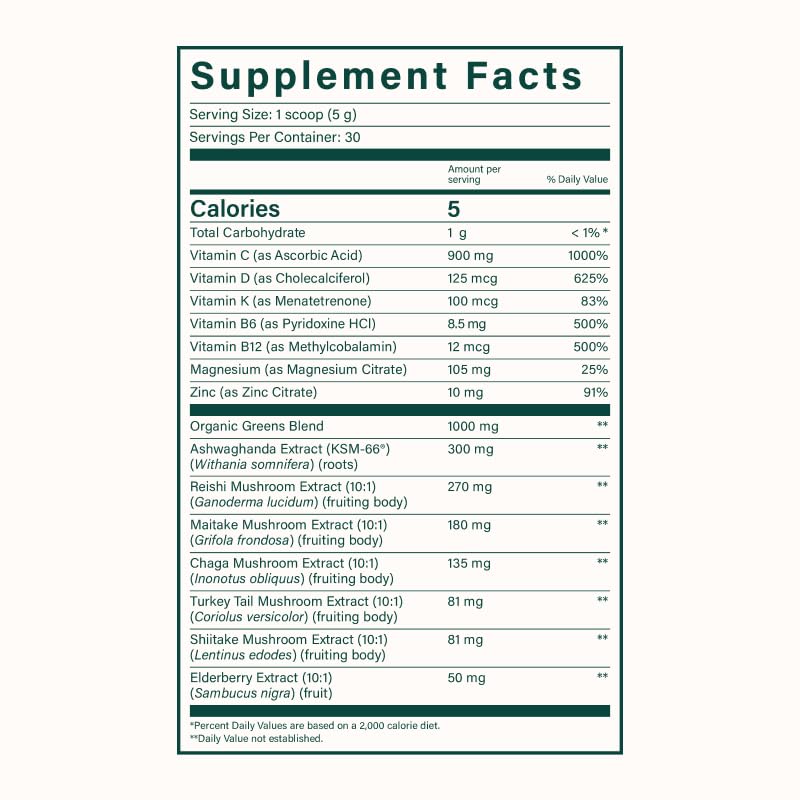 Beam Greens Powder, Superfood Supplement for Gut Health, Vegan Organic Blend with Ashwagandha, Vitamin C, B12, B6, D, Non-GMO Daily Detox & Immune Support, Strawberry Kiwi Flavor - 30 Servings