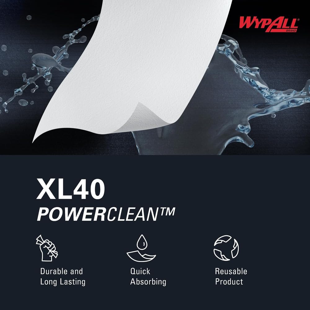 WypAll PowerClean L40 Cloths Extra Absorbent Wipes, Jumbo (05007), Bulk Paper Wipers, White (1 Roll of 750 Sheets)