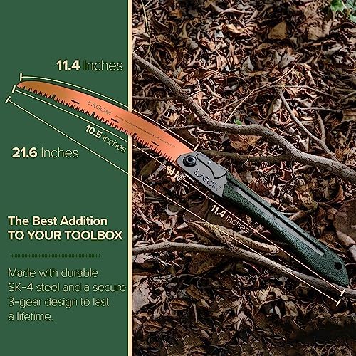 LAGOM Folding Camp Saw for Cutting Branches, 11.4" Curved Blade | SK5 Steel, Ergonomic Handle, One-Hand Use, Secure Lock | Foldable Pruning Tool for Camping, Gardening, Survival, Kayaking, Outdoors