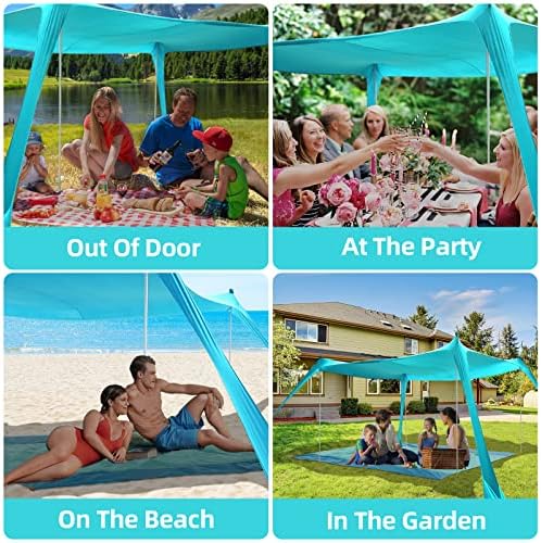 Beach Tent Sun Shelter UPF50+, 10x10 FT Family Beach Shade Canopy with 4 Aluminum Poles, Beach Blanket, Carrying Bag and Sand Shovel, Outdoor Pop Up Tent for Beach Camping Trips