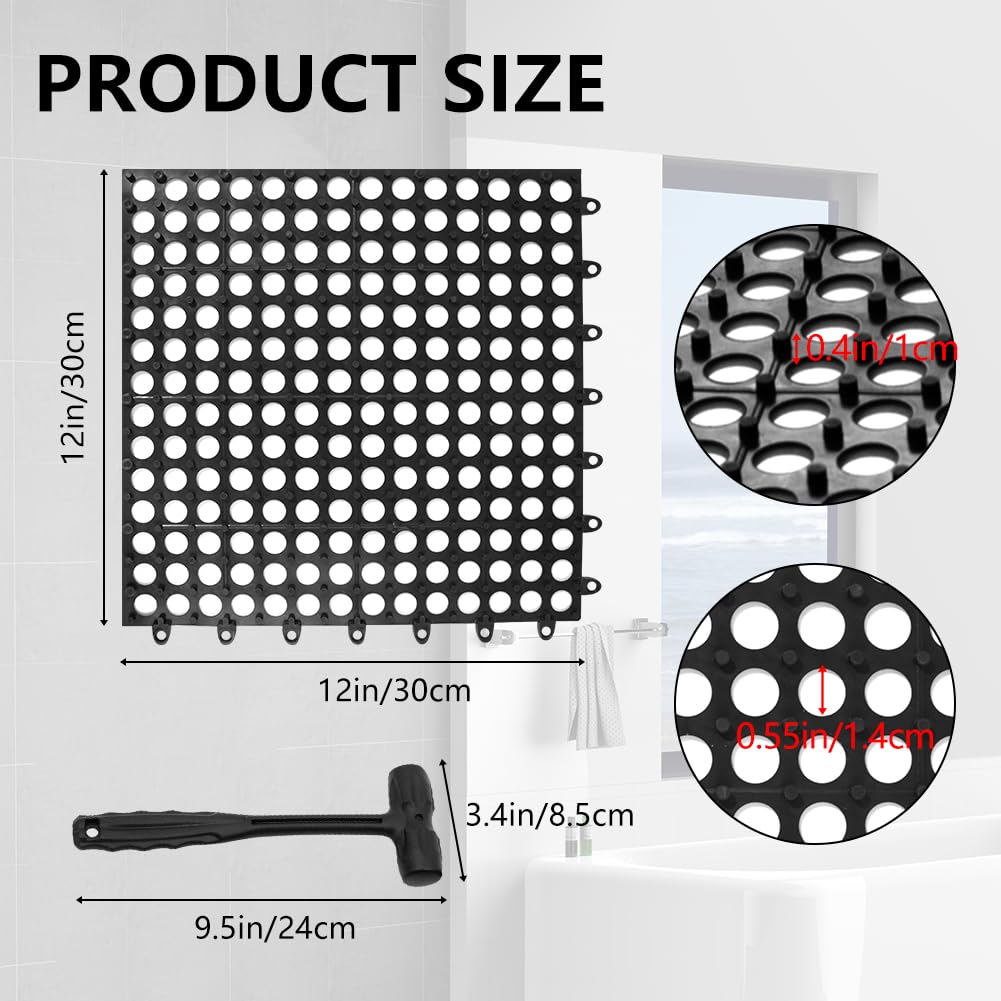 30 Pack Drainage Interlocking Tiles, 12"x12" Modular Interlocking Floor Tiles with 1 Pc Plastic Hammer Non Slip Rubber Floor mat with Holes for Pool Bathroom Deck Kitchen Patio (30, Black)