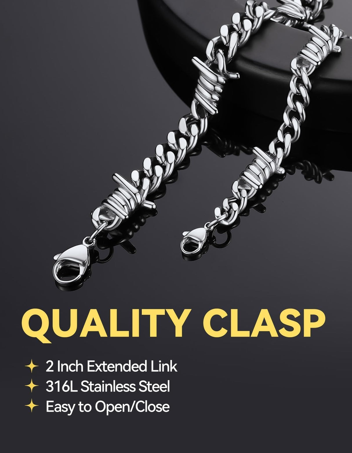 ChainsHouse Barbed Wire Bracelet, Stainless Steel Cuban Link Chain Bracelet for Men Chain Bracelet Hip Hop Rock Jewelry 9MM Width 7.08" Length with 2" Extened Links